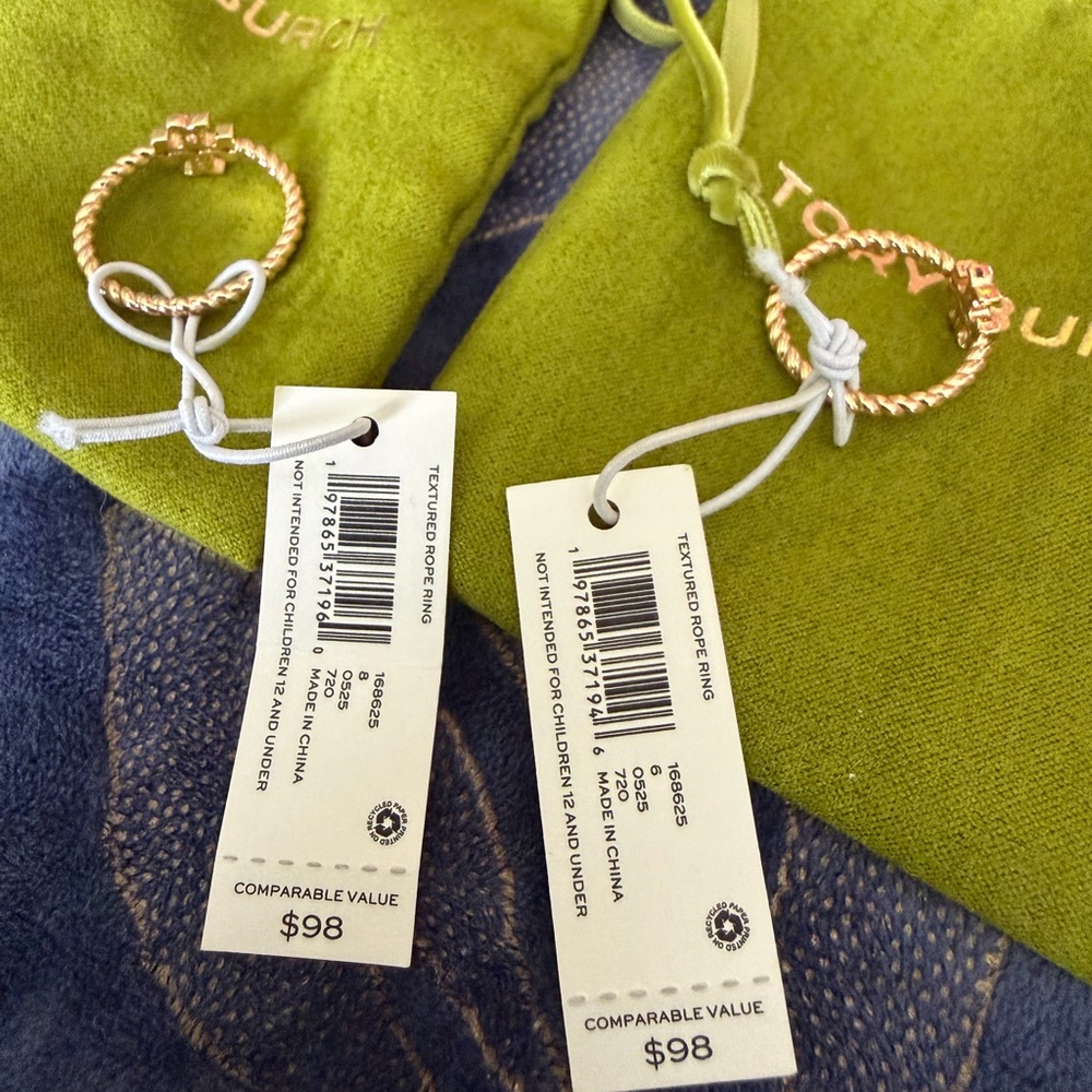 Authentic Tory Burch Gold Rings Set of 2 with Lime Green Pouches - Picture 6 of 11